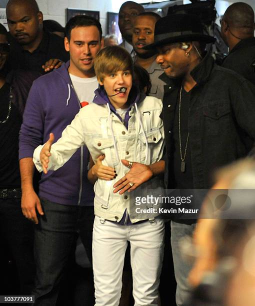 **Exclusive** Scooter Braun and Justin Bieber backstage before he performs at Madison Square Garden on August 31, 2010 in New York City.
