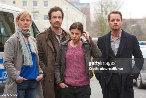 Commissars Martina Boenisch , Peter Faber , Nora Dalay and Daniel Kossik posing during a photo call for the Tatort episode "Zahltag", in Dortmund,...