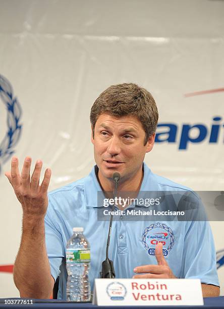 Former professional baseball player Robin Ventura addresses the press during the Capital One Division 1 College Sports Award launch at The Times...