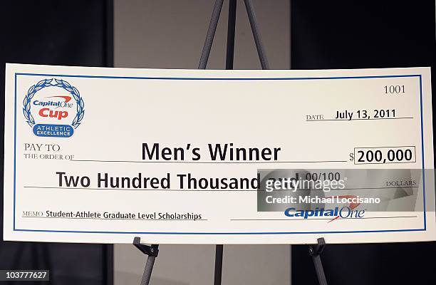General view of the Capital One Cup Men's Winner check displayed at the Division 1 College Sports Award launch at The Times Center on September 1,...