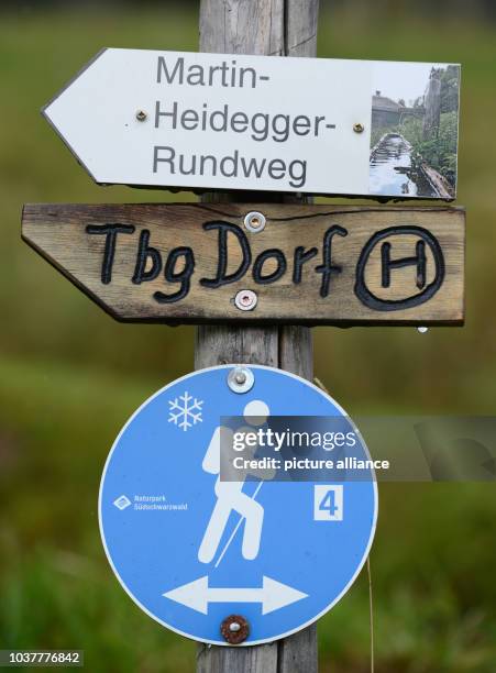 Hiking sign reads 'Martin-Heidegger-Rundweg' in Todtnauberg, Germany, 17 September 2014. German philospher Martin Heidegger traveled frequently to...