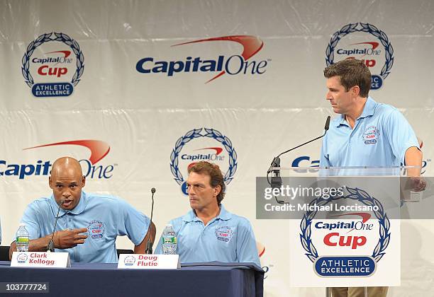 Former professional basketball player Clark Kellogg, former professional football player Doug Flutie and sports journalist Rece Davis address the...