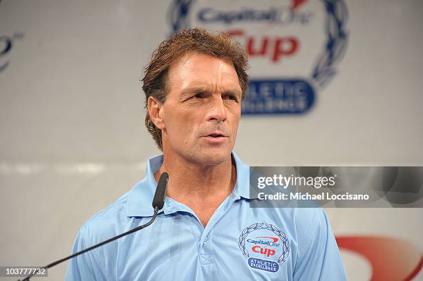 Former professional football player Doug Flutie addresses the press during the Capital One Division 1 College Sports Award launch at The Times Center...