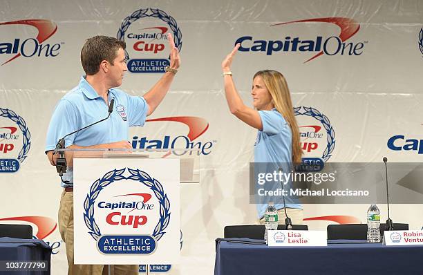 Sports journalist Rece Davis and former professional soccer player Brandi Chastain attend the Capital One Division 1 College Sports Award launch at...