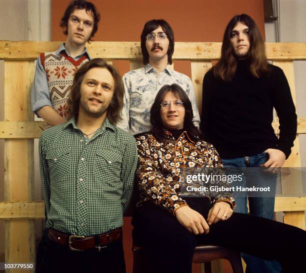 Rusty Young, George Grantham, Timothy B Schmit, Paul Cotton and Richie Furay of Poco pose for a group portrait in 1973 in Amsterdam, Netherlands.