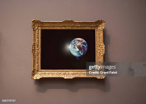 farmed photograph of earth seen from space. - museum stockfoto's en -beelden