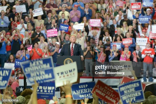 President Donald Trump pauses while speaking during a rally in Springfield, Missouri, U.S., on Friday, Sept. 21, 2018. Trump vowed to rid the Justice...