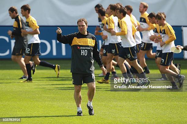 Holger Osieck, head coach of team Australia gives instructions during an Australian Socceroos training session at the AFG Arena on September 2, 2010...