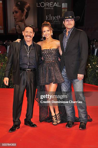 Actor Danny Trejo, actress Jessica Alba and director Robert Rodriguez attend the "Machete" premiere at the Palazzo del Cinema during the 67th Venice...