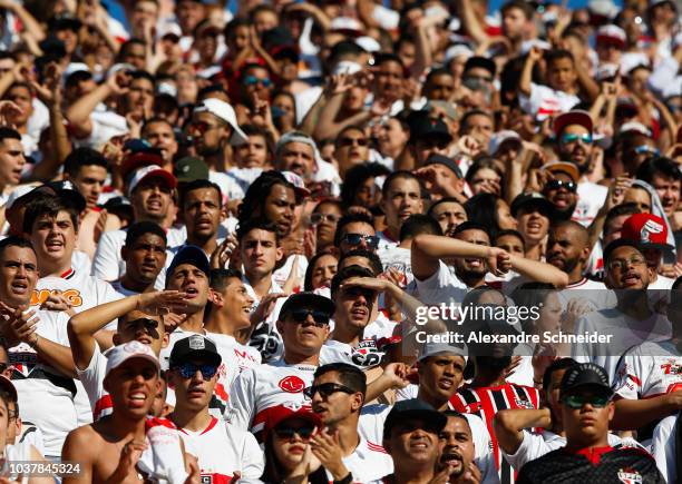 Fans of Sao Paulo cheer during the match between Sao Paulo and America MG for the Brasileirao 2018 at Morumbi Stadium on September 22, 2018 in Sao...