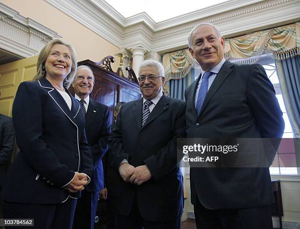 Secretary of State Hillary Clinton gathers with Prime Minister Benjamin Netanyahu of Israel, President Mahmoud Abbas of the Palestinian Authority and...