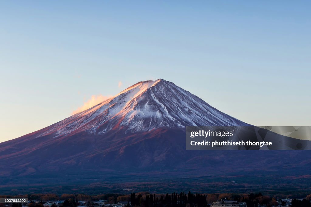 Mount Fuji at beautiful sunrise at Lake Kawaguchi in Japan,Fujisan located on Honshu island,Mount Fuji is the highest mountain in Japan.Mount Fuji is the UNESCO World Heritage