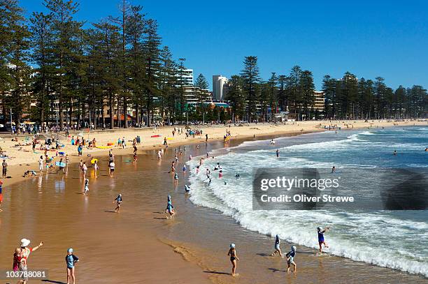 beachgoers on manly beach. - new south wales beach stock pictures, royalty-free photos & images