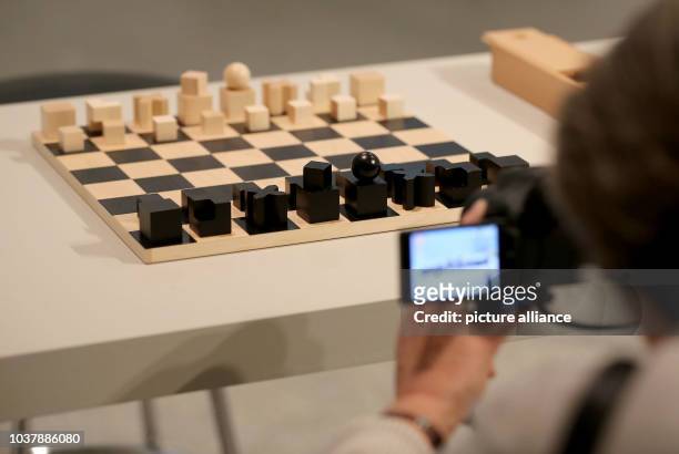 Replica of the Bauhaus chess game by Josef Hartwig pictured on a table in Bonn, Germany, 31 March 2016. The exhibition 'Das Bauhaus - Alles ist...