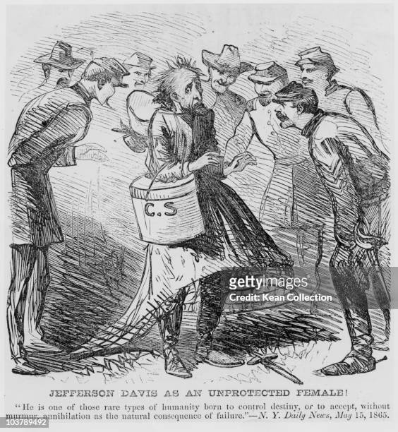 Cartoon depicting Confederate States President Jefferson Davis wearing a dress while being mocked by Union Army soldiers, USA, 15 May 1865. The...