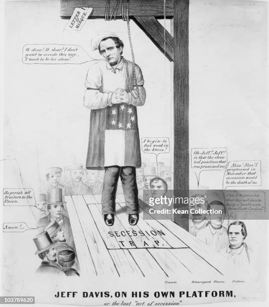 Cartoon depicting Confederate States President Jefferson Davis about to be hanged, standing on the gallows with a noose around his neck, USA, circa...