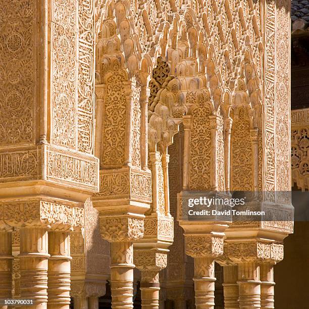 columns in patio de los leones, casa real (also known as palacios nazaries), in the alhambra. - alhambra fotografías e imágenes de stock