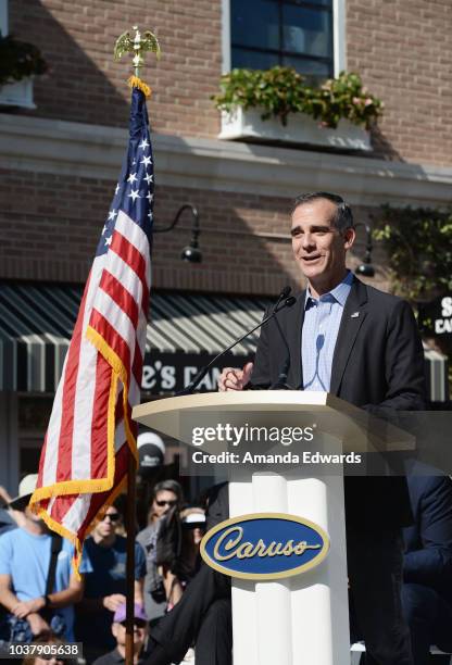 Los Angeles Mayor Eric Garcetti attends the Palisades Village grand opening private ribbon-cutting ceremony at Palisades Village on September 22,...