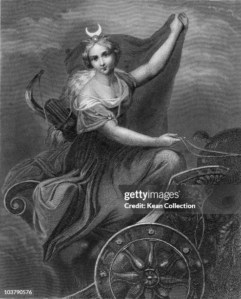 Engraving depicting Diana, Roman goddess of the moon and the hunt in Roman mythology, pictured riding a chariot, Ancient Rome, circa 10,000 BC....