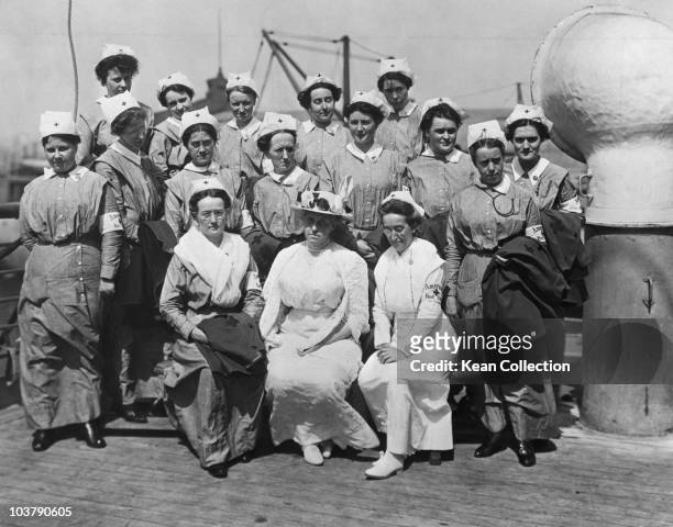 Group of nurses pictured in uniform on board the S.S. Red Cross, one of the first units of American Red Cross nurses to sail from New York for...
