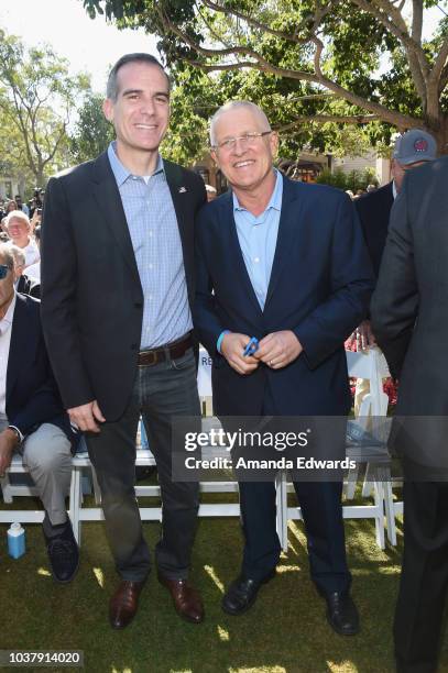 Los Angeles Mayor Eric Garcetti and Los Angeles Councilmember Mike Bonin attend the Palisades Village grand opening private ribbon-cutting ceremony...