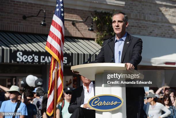 Los Angeles Mayor Eric Garcetti attends the Palisades Village grand opening private ribbon-cutting ceremony at Palisades Village on September 22,...