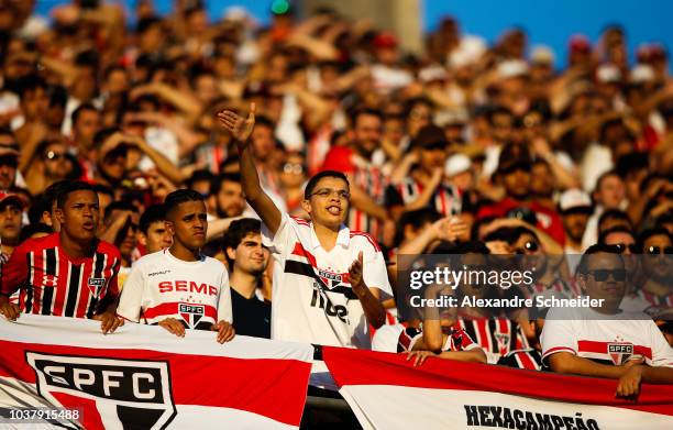 Fans of Sao Paulo cheer during the match between Sao Paulo and America MG for the Brasileirao 2018 at Morumbi Stadium on September 22, 2018 in Sao...