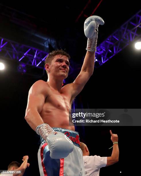 Luke Campbell celebrates victory after the WBC Lightweight World Title Final Eliminator fight between Luke Campbell and Yvan Mendy at Wembley Stadium...