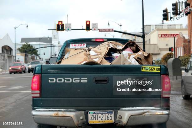 Trump bumper sticker on a pick-up truck can be seen in Hazleton, Pennsylvania, US. The city has many citizens of Latin American descent. It sits...