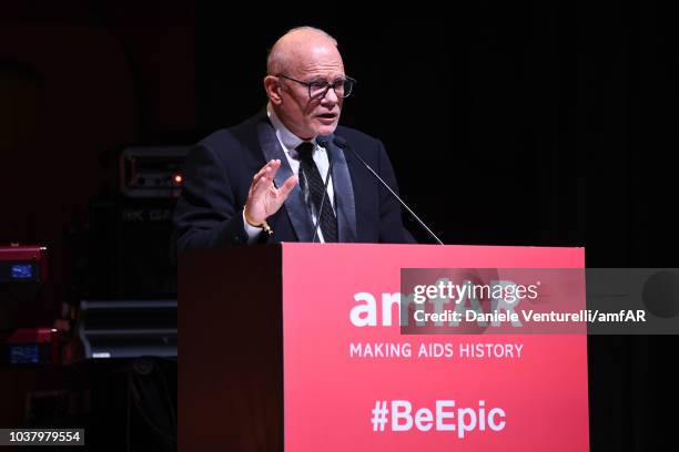 Amfar Chairman of the board William H. Roedy speaks amfAR Gala dinner at La Permanente on September 22, 2018 in Milan, Italy.