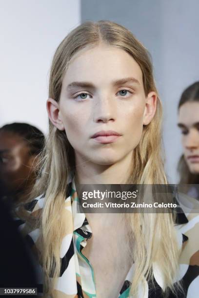 Model is seen backstage ahead of the Roberto Cavalli show during Milan Fashion Week Spring/Summer 2019 on September 22, 2018 in Milan, Italy.