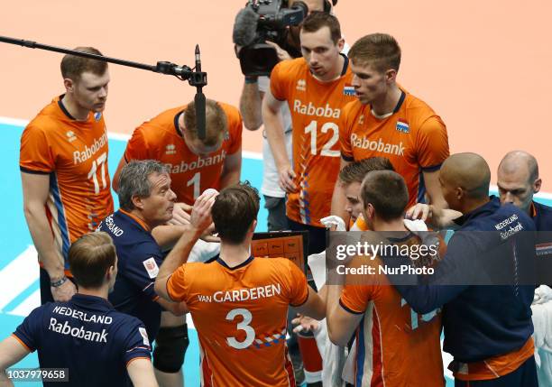 Netherlands v Russia - FIVP Men's World Championship Second Round Pool E Gido Vermeulen coach of Netherlands talks with the team at Mediolanum Forum...