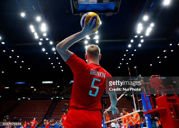 Netherlands v Russia - FIVP Men's World Championship Second Round Pool E Sergey Grankin of Russia warm up at Mediolanum Forum in Milan, Italy on...
