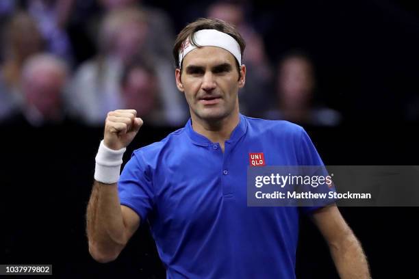 Team Europe Roger Federer of Switzerland celebrates after defeating Team World Nick Kyrgios of Australia in their Men's Singles match on day two of...