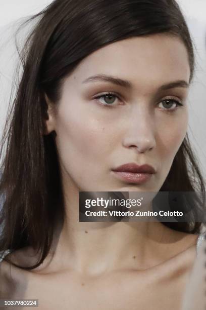 Bella Hadid is seen backstage ahead of the Roberto Cavalli show during Milan Fashion Week Spring/Summer 2019 on September 22, 2018 in Milan, Italy.