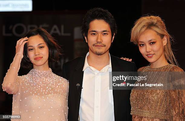 Actress Kiko Mizuhara, actor Kenichi Matsuyama and actress Rinko Kikuchi attends the "Norwegian Wood" premiere during the 67th Venice Film Festival...