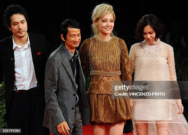 Japanese actor Kenichi Matsuyama, Japanese actresses Rinko Kikuchi and Kiko Mizuhara and French film director Tran Anh Hung arrive for the screening...