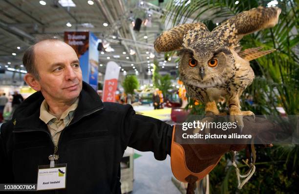 Falconer Axel Imdahl holds the eagle owl 'Momo' at the holiday trade fair 'Reisen Hamburg 2013' in Hamburg, Germany, 06 February 2013. The fair takes...