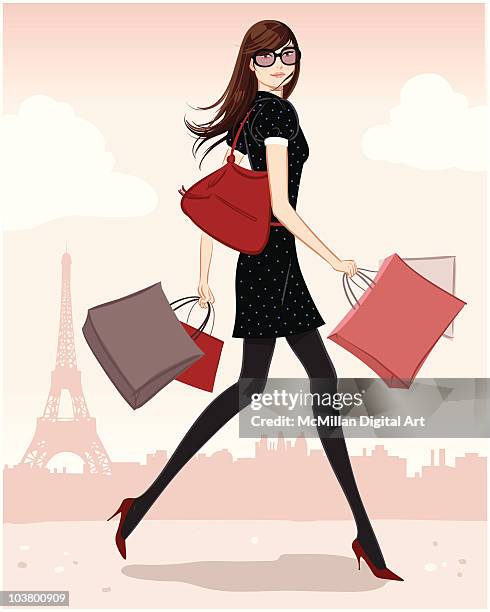 illustrations, cliparts, dessins animés et icônes de woman carrying shopping bags - femme parisienne shopping