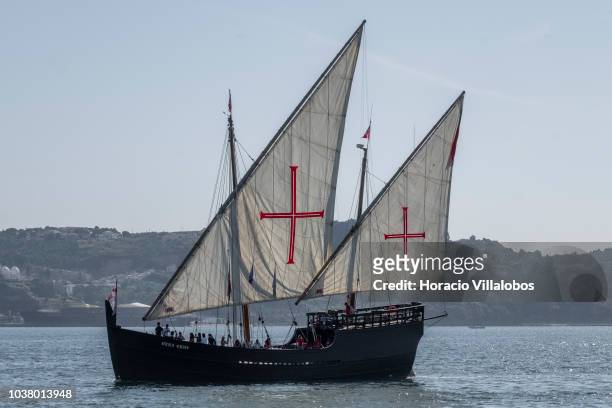 Portuguese caravel Vera Cruz sails on the Tagus River on September 22, 2018 in Lisbon, Portugal. The caravel is owned by the Portuguese Sailing...