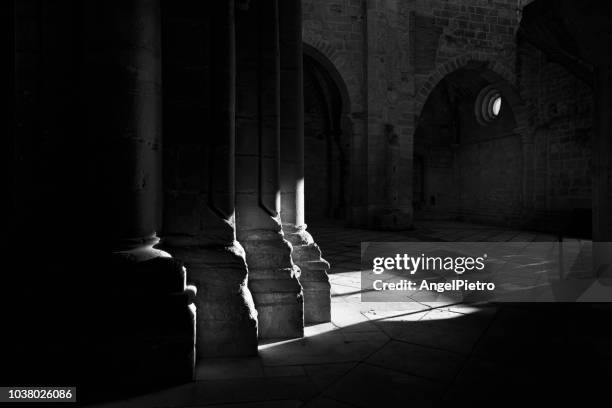 juego de luces y sombras sobre los pilares y el suelo de un antiguo monasterio - abbey monastery stock pictures, royalty-free photos & images