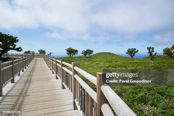 tourist enjoying views of a lake (five shiretoko lakes), the sea of okhotsk and the surrounding mountains from the wooden elevated boardwalk at shiretoko national park - shiretoko stock pictures, royalty-free photos & images