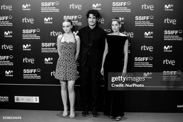 Image was converted in black and white) Lily-Rose Depp, Louis Garrel and Laetitia Casta attends the 'L'Homme Fidele' premiere during the 66th San...