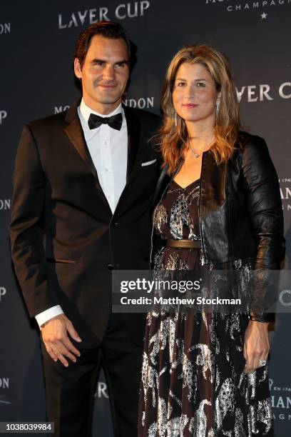 Team Europe Roger Federer of Switzerland and spouse Mirka Federer arrive on the Black Carpet during the Laver Cup Gala at the Navy Pier Ballroom on...