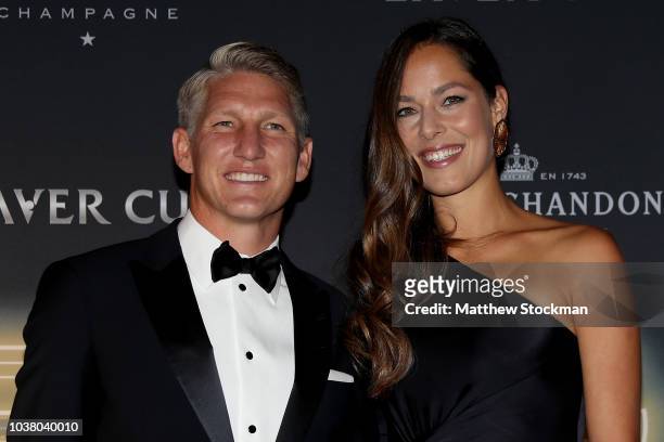 Bastian Schweinsteiger and Ana Ivanovic of Serbia arrive on the Black Carpet during the Laver Cup Gala at the Navy Pier Ballroom on September 20,...