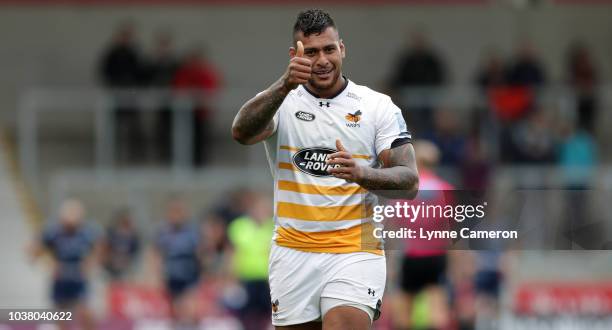 Nathan Hughes of Wasps during the Gallagher Premiership Rugby match between Sale Sharks and Wasps at AJ Bell Stadium on September 22, 2018 in...