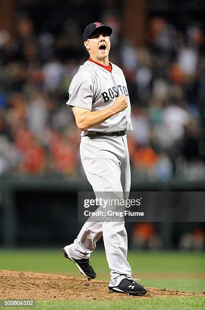 Jonathan Papelbon of the Boston Red Sox celebrates after the final out of a 6-4 victory against the Baltimore Orioles at Camden Yards on September 2,...