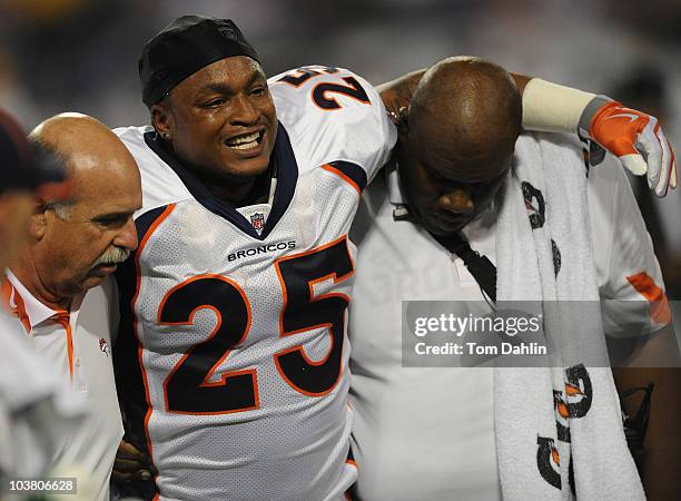 LenDale White of the Denver Broncos leaves the field during an NFL preseason game against the Minnesota Vikings at the Mall of America Field at...