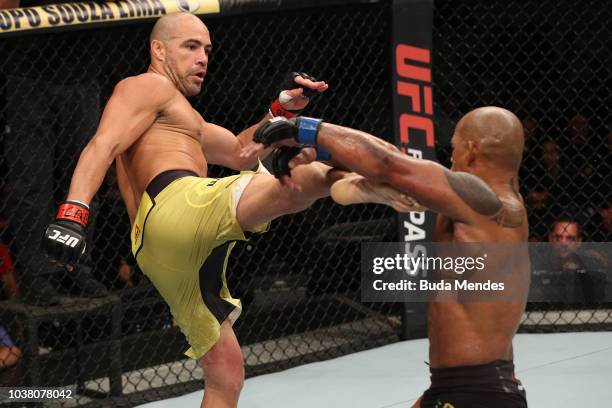 Thales Leites of Brazil kicks Hector Lombard of Cuba in their middleweight bout during the UFC Fight Night event at Ibirapuera Gymnasium on September...