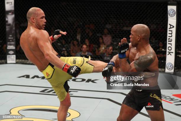 Thales Leites of Brazil kicks Hector Lombard of Cuba in their middleweight bout during the UFC Fight Night event at Ibirapuera Gymnasium on September...